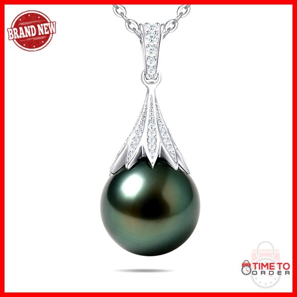 Tahitian Black Pearl Necklace Sterling Silver Moissanite Pendant Fine Jewelry